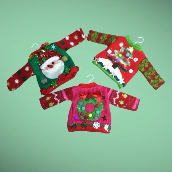 3 Mini Ugly Sweater Christmas Tree Ornaments - Santa Christmas Tree Wreath - Picture 1 of 5